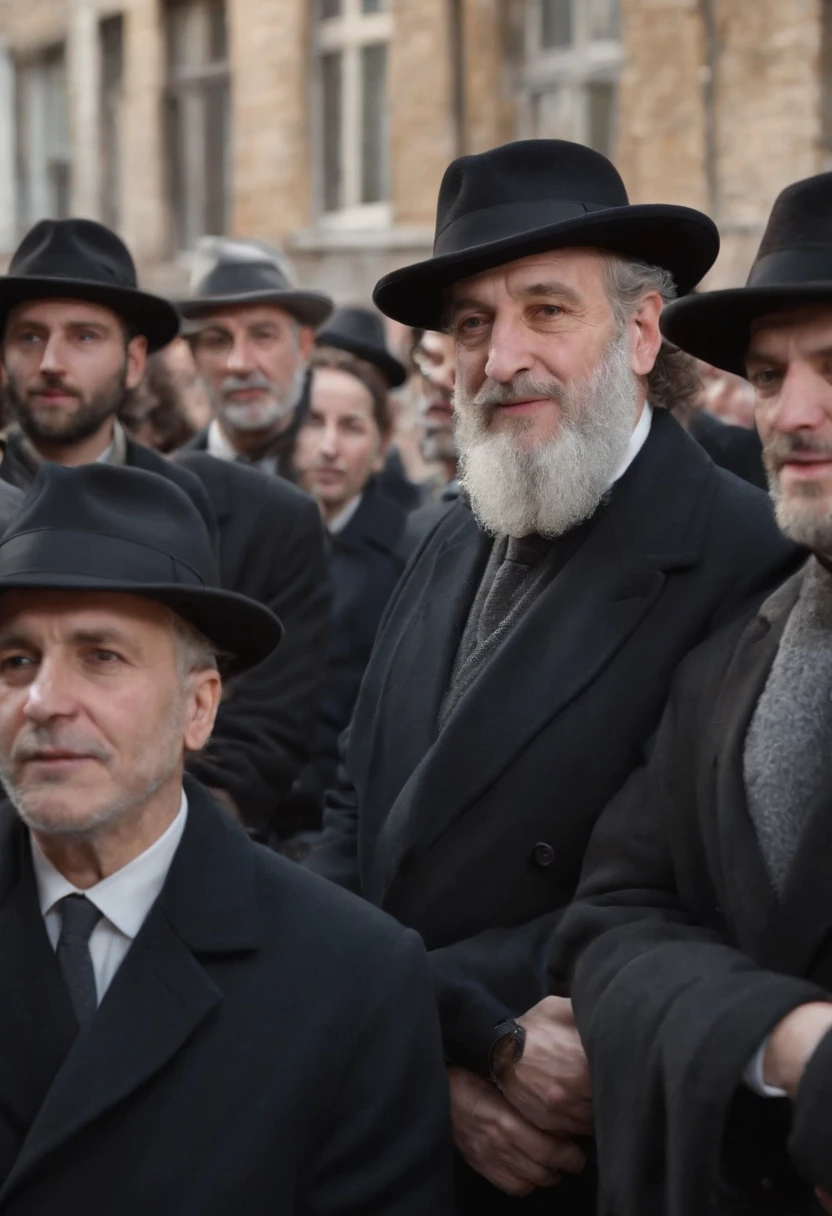 Crowd of Jews gathered in a Jewish residential area. on a sunny day. with black coat and fedora hat.