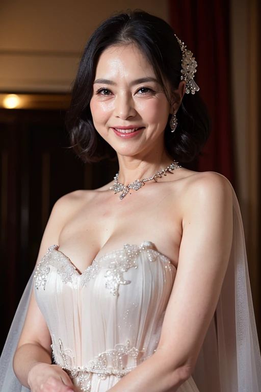 (masutepiece:1.4), High Definition,(High quality:1.4),(60-year-old woman:1.4),(Wrinkles on the face:1.4),Beautie,(ballgown:1.4),breasts,Smile,Sari Dress