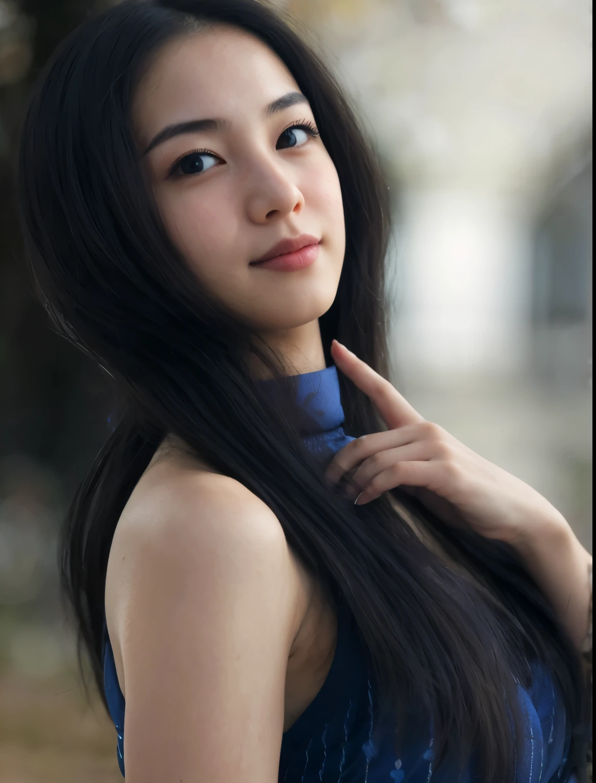(best quality,realistic),a girl with blue eyes,Japanese girl,beautiful detailed eyes,dark hair,delicate facial features,cute smile,traditional Japanese kimono,flower pattern on the kimono,multi-layered folds on the kimono,graceful posture,beautiful garden in the background,Cherry blossoms blooming,soft sunlight shining through the trees,serene atmosphere,vivid colors,traditional Japanese lanterns hanging,Japanese wooden bridge over a small pond,reflections of cherry blossoms on the water,peaceful and elegant scenery.