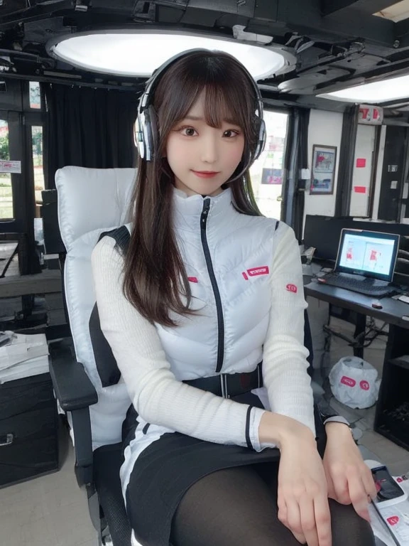 masterpiece, highest quality, Very detailed, 8K Portrait,japanese android girl,Plump , Control panel,Robotic arms and legs, Blunt bangs,,BREAK (metallic gray, metallic luster, mirror finish, astrovest):5,headphone:5,BREAK (black sleeves):100,smartwatch,futuristic space station,control room,BREAK headphone,blue eyes,(black hair):2,(long hair):1.3,look at viewer,(Respirator),BREAK blush:3,hidden hands,smile