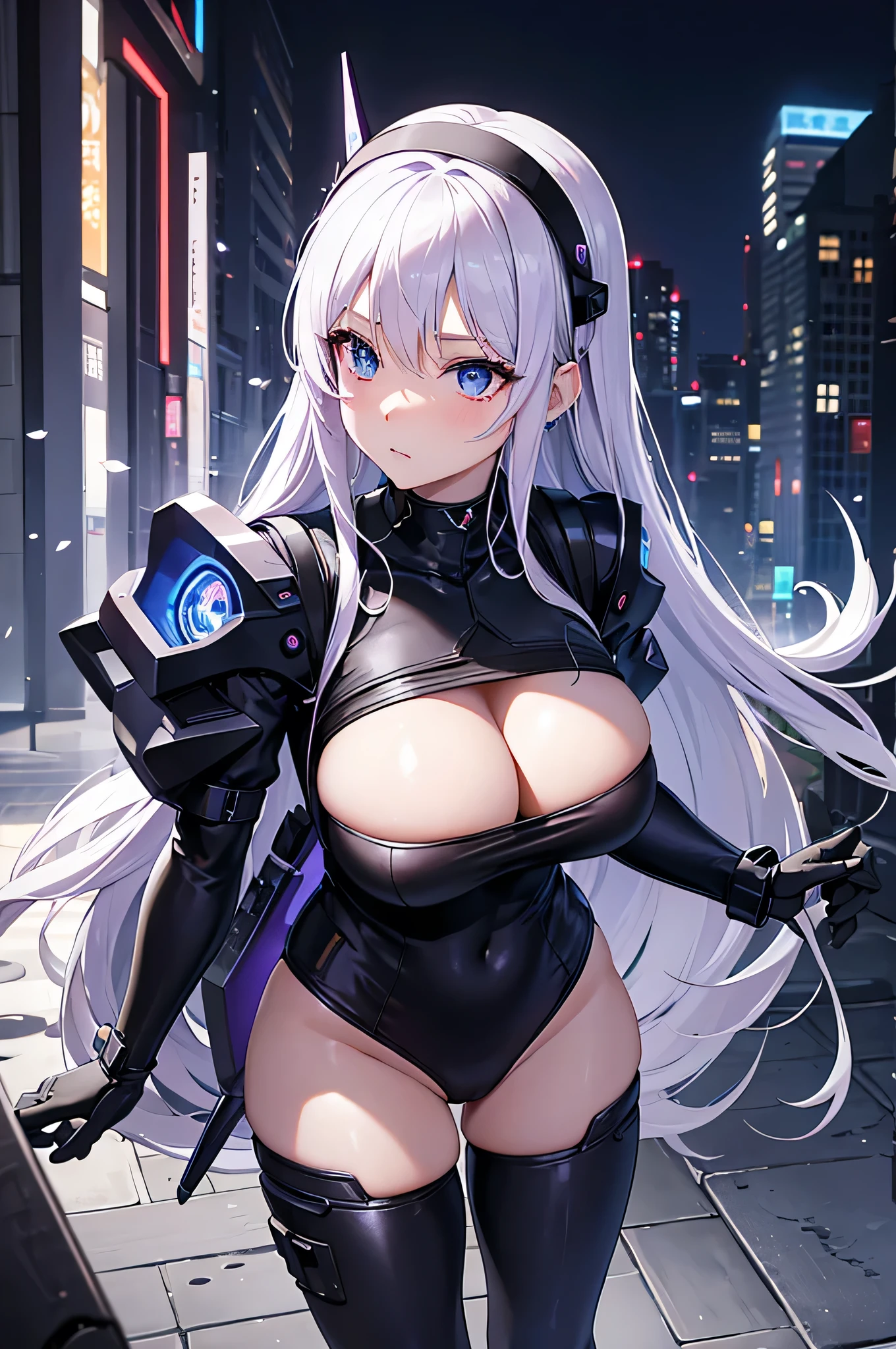 4k,High resolution,One Woman,White purple hair,long hair,Blue Eyes,Big Breasts,Nuns,A tight-fitting black cyber suit,Black Nuns Veil,Cyber Headgear,Long sword,City of the Future