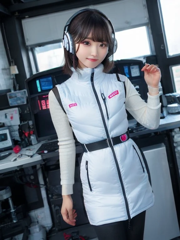 masterpiece, highest quality, Very detailed, 8K Portrait,japanese android girl,Plump , Control panel,Robotic arms and legs, Blunt bangs,,BREAK (metallic gray, metallic luster, mirror finish, astrovest):5,headphone:5,BREAK (black sleeves):100,smartwatch,futuristic space station,control room,BREAK headphone,blue eyes,(black hair):2,(long hair):1.3,look at viewer,(Respirator),BREAK blush:3,hidden hands,smile