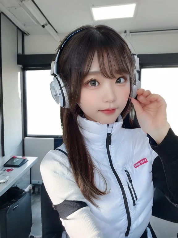 masterpiece, highest quality, Very detailed, 8K Portrait,japanese android girl,Plump , Control panel,Robotic arms and legs, Blunt bangs,,BREAK (metallic gray, metallic luster, mirror finish, astrovest):5,headphone:5,BREAK (black sleeves):100,smartwatch,futuristic space station,control room,BREAK headphone,blue eyes,(black hair):2,(long hair):1.3,look at viewer,(Respirator),BREAK blush:3,hidden hands,smile