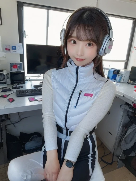 masterpiece, highest quality, Very detailed, 8K Portrait,japanese android girl,Plump , Control panel,Robotic arms and legs, Blunt bangs,,BREAK (metallic gray, metallic luster, mirror finish, astrovest):5,headphone:5,BREAK (black sleeves):100,smartwatch,futuristic space station,control room,BREAK headphone,blue eyes,(black hair):2,(long hair):1.3,look at viewer,(Respirator),BREAK blush:3,hidden hands,smile