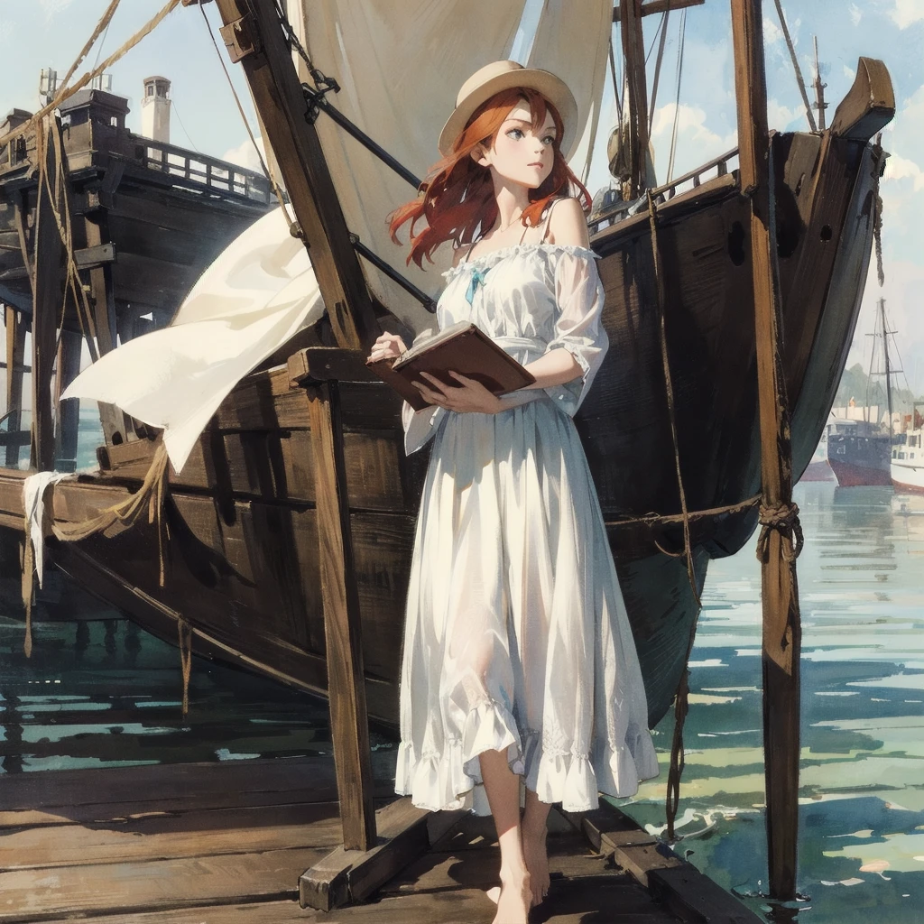 a beautiful slender thin girl with a perfect face of the southern type with red hair in a 19th century dress in a hat with a book standing barefoot (near a large old wooden ((Ship))), summer, A warm sunny day, in a gentle watercolor style, Discreet shades, sfumato, haze, diffused dim light, delicate mint and blue shades, imitation of film photography, olive and grape shades, Brick Road, Brick house, coffee, High image quality, Maximum detail, big space eyes