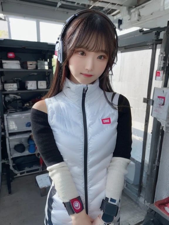 masterpiece, highest quality, Very detailed, 8K Portrait,japanese android girl,Plump , Control panel,Robotic arms and legs, Blunt bangs,,BREAK (metallic gray, metallic luster, mirror finish, astrovest):5,headphone:5,BREAK (black sleeves):100,smartwatch,futuristic space station,control room,BREAK headphone,blue eyes,(black hair):2,(long hair):1.3,look at viewer,(Respirator),BREAK blush:3,hidden hands,smile