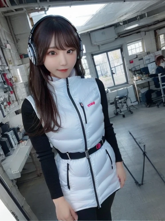 masterpiece, highest quality, Very detailed, 8K Portrait,japanese android girl,Plump , Control panel,Robotic arms and legs, Blunt bangs,,BREAK (metallic gray, metallic luster, mirror finish, astrovest):5,headphone:5,BREAK (black sleeves):100,smartwatch,futuristic space station,control room,BREAK headphone,blue eyes,(black hair):2,(long hair):1.3,look at viewer,(Respirator),BREAK blush:3,hidden hands,smile