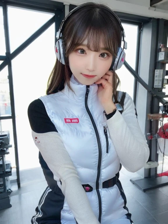 masterpiece, highest quality, Very detailed, 8K Portrait,japanese android girl,Plump , Control panel,Robotic arms and legs, Blunt bangs,,BREAK (metallic gray, metallic luster, mirror finish, astrovest):5,headphone:5,BREAK (black sleeves):100,smartwatch,futuristic space station,control room,BREAK headphone,blue eyes,(black hair):2,(long hair):1.3,look at viewer,(Respirator),BREAK blush:3,hidden hands,smile