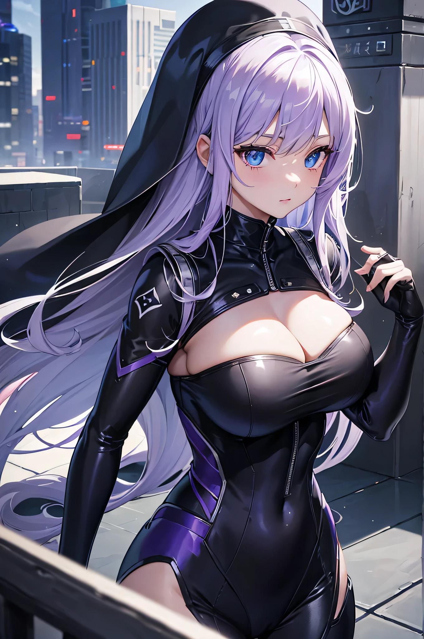 4k,High resolution,One Woman,White purple hair,long hair,Blue Eyes,Big Breasts,Nuns,A tight-fitting black cyber suit,Black Nuns Veil,Long sword,City of the Future