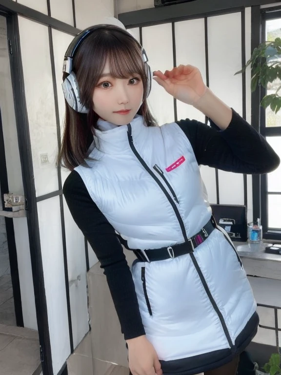 masterpiece, highest quality, Very detailed, 8K Portrait,japanese android girl,Plump , Control panel,Robotic arms and legs, Blunt bangs,,BREAK (metallic gray, metallic luster, mirror finish, astrovest):5,headphone:5,BREAK (black sleeves):100,smartwatch,futuristic space station,control room,BREAK headphone,blue eyes,(black hair):2,(long hair):1.3,look at viewer,(Respirator),BREAK blush:3,hidden hands,smile