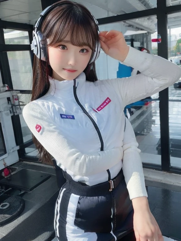 masterpiece, highest quality, Very detailed, 8K Portrait,japanese android girl,Plump , Control panel,Robotic arms and legs, Blunt bangs,,BREAK (metallic gray, metallic luster, mirror finish, astrovest):5,headphone:5,BREAK (black sleeves):100,smartwatch,futuristic space station,control room,BREAK headphone,blue eyes,(black hair):2,(long hair):1.3,look at viewer,(Respirator),BREAK blush:3,hidden hands,smile