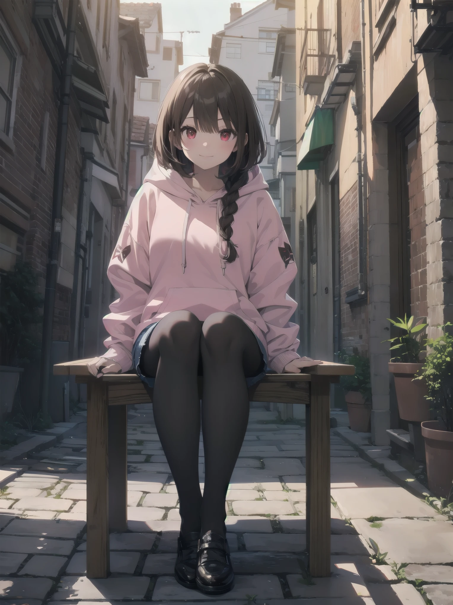 masterpiece, highest quality,Shiny,Abuse of chromatic aberration,pastel colour,whole body,Wide Shot,Perfect Eyes、 One girl,alone, ,Bob cut braids,Red eyes,Brown Hair,smile, View your viewers,Immature girl, architecture,wood,alley,Cobblestones,Sitting, with own hands, Pink hoodie, Black pantyhose,Denim shorts