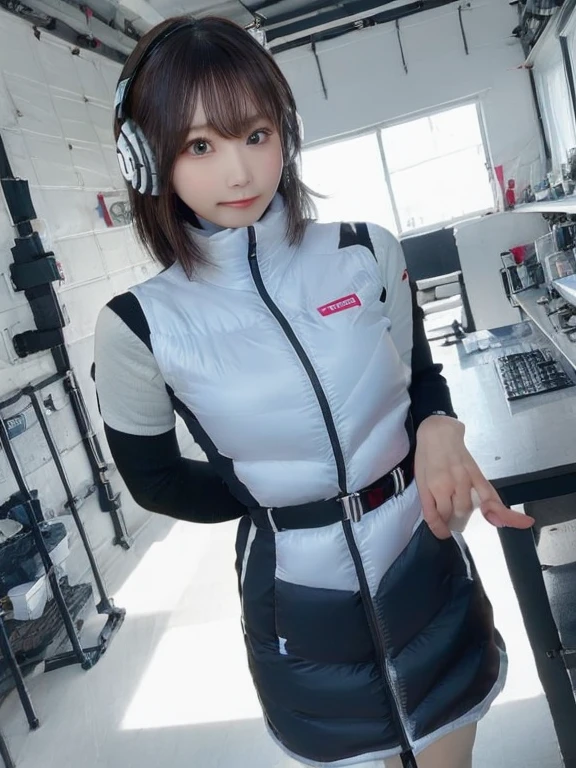 masterpiece, highest quality, Very detailed, 8K Portrait,japanese android girl,Plump , Control panel,Robotic arms and legs, Blunt bangs,,BREAK (metallic gray, metallic luster, mirror finish, astrovest):5,headphone:5,BREAK (black sleeves):100,smartwatch,futuristic space station,control room,BREAK headphone,blue eyes,(black hair):2,(long hair):1.3,look at viewer,(Respirator),BREAK blush:3,hidden hands,smile