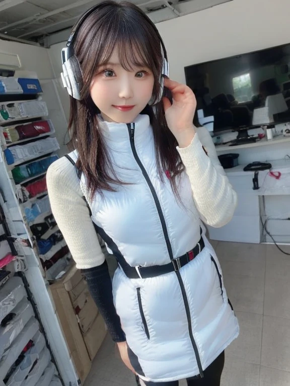masterpiece, highest quality, Very detailed, 8K Portrait,japanese android girl,Plump , Control panel,Robotic arms and legs, Blunt bangs,,BREAK (metallic gray, metallic luster, mirror finish, astrovest):5,headphone:5,BREAK (black sleeves):100,smartwatch,futuristic space station,control room,BREAK headphone,blue eyes,(black hair):2,(long hair):1.3,look at viewer,(Respirator),BREAK blush:3,hidden hands,smile