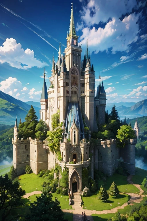 Medieval elven castle with vegetation and runes and magic crystals. in the middle of forests