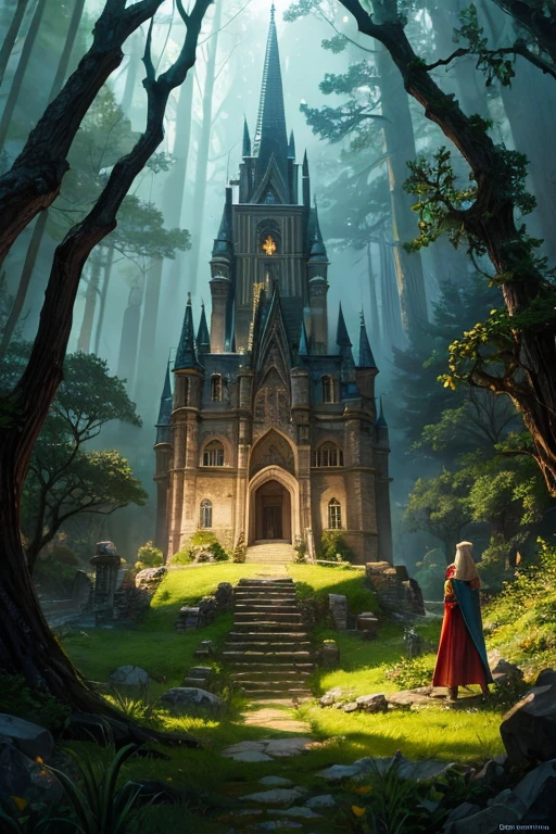 Medieval elven castle with vegetation and runes and magic crystals. in the middle of forests