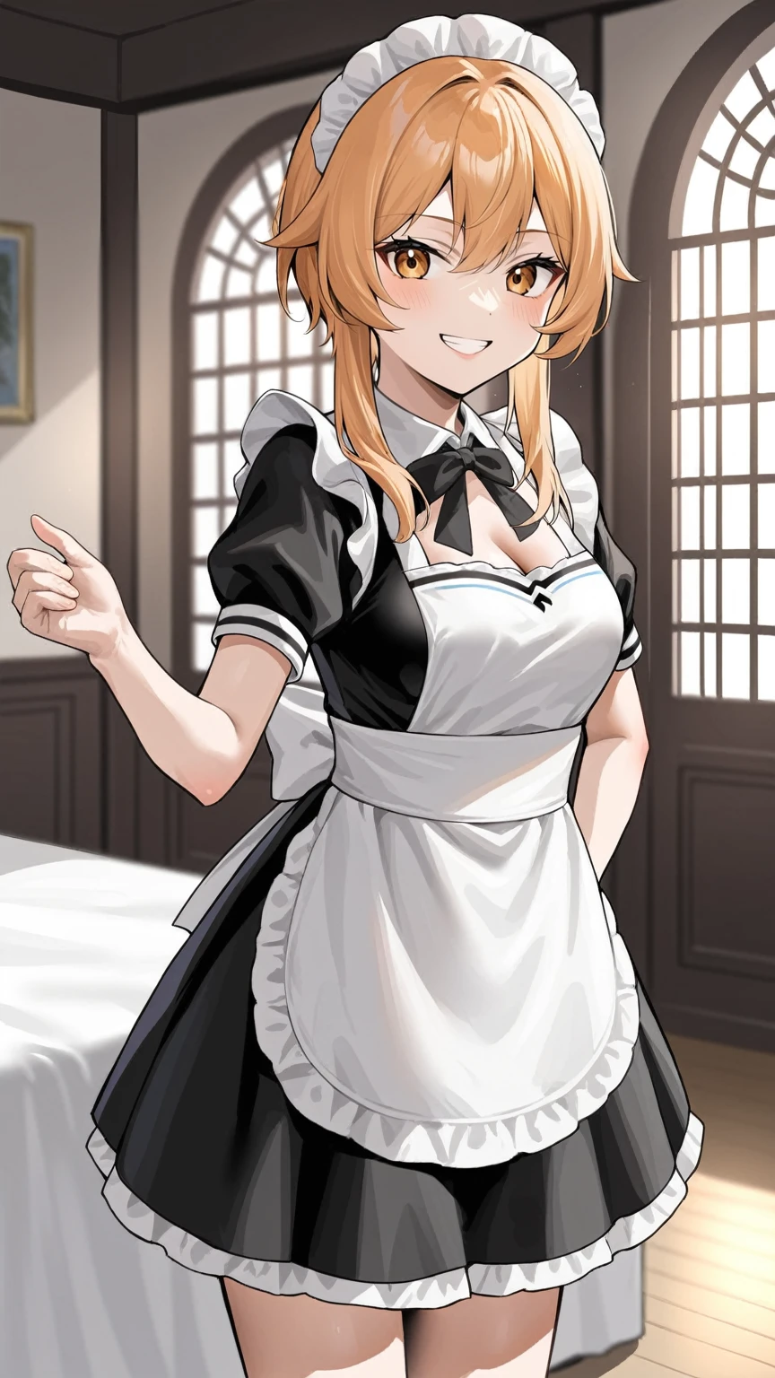 source_anime,score_9,score_8_up,ikuchan, BREAK, 1girl, short hair, INDOORS, MEDUIM BREASTS, BRANDING, smile, happy, lole, ((aged down)), young, very young, rating:safe, sfw, smug, grin, maid, maid outfit, ass, skirt, rating:safe, sfw, skirt, aged down, lole, young, extremely young, ginger hair, lumine, genshin impact