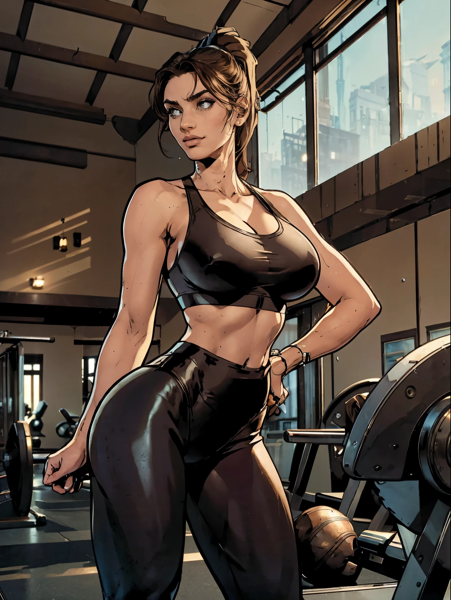 (masterpiece, top quality, best quality, official art, beautiful and aesthetic:1.2), (1girl:1.3), (gorgeous face), light freckles, fair skin, brown hair, extremely detailed, portrait, looking at viewer, solo, (full body:0.6), detailed background, close up, (airy modern theme:1.1), extremely gym girl, ponytail, big lips, arched back, flexing her bicep, charlatan, smirk, mysterious, sstanding in the gym, sports bra, leggings, headphones, wet, workout gear, weight machines, windows, modern gym, well-lit, thin and toned physique, gigantic breasavage, skion, slim waist, slim hips, long legs, modern (gym interior:1.1) background, dark mysterious lighting, shadows, magical atmosphere, dutch angle,