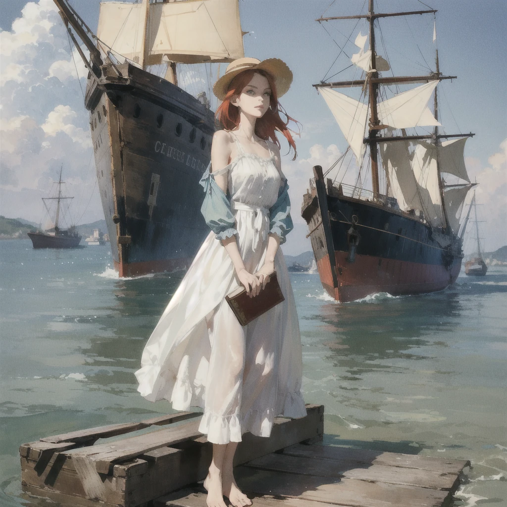 a beautiful slender thin girl with a perfect face of the southern type with red hair in a 19th century dress in a hat with a book standing barefoot (near a large old wooden ((Ship))), summer, A warm sunny day, in a gentle watercolor style, Discreet shades, sfumato, haze, diffused dim light, delicate mint and blue shades, imitation of film photography, olive and grape shades, Brick Road, Brick house, coffee, High image quality, Maximum detail, big space eyes