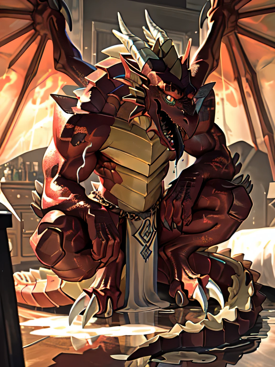 lonely, (muscular), (male human dragon):1.3, bright scales, (Kamiaki):1.3, (Common:1.4) (pray):1.23, (，wearing a short white loincloth）, exquisite eyes, lizard tail,a pair of dragon horns, a pair of dragon wings, (exquisite eyes，stripe，sharp claws，cute animal feet，Stick out your tongue，sloppy person，Liquid splashed all over the body.，water leak from lower body，Fluid leaking from the lower body，Milk spilled on the floor，shining eyes):1.1, (In my room:1.35), in the bedroom，Squatting on the bed，dim，being licked，enjoy，addicted， My face turned red，color，submit，caress，drunk，laugh，enjoy，looking at camera，submit，It is interesting，detailed background，In reality，realistic hands，8k high dynamic range，（shadow，Wide dynamic range，high dynamic range，highlight：1.2）