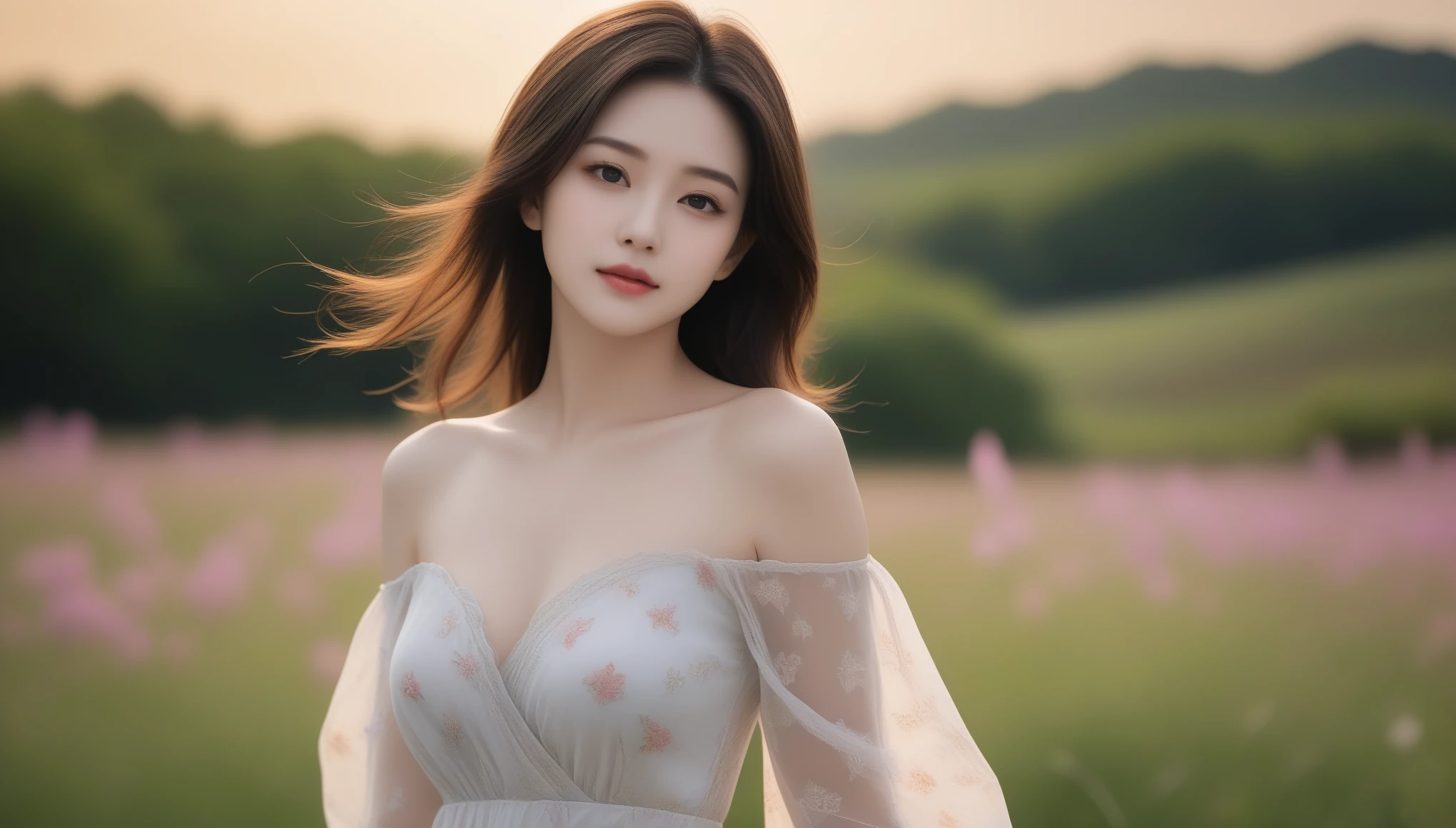8k, 超High resolution, highest quality, masterpiece, 超Realisticな, photograph, 1 person, (40 years old:1.3), pretty girl, Cute face, Beautiful eyes in every detail, 細かくdetailedに, Dark brown hair、Light brown eyes、The Face of Japan、 Lady、私は40 years oldくらいです.....1 person、(複雑なdetailed:1.2)、 (超High resolution:1.2)、超High resolution、(Finely tuned)、8k resolution、Long Hair、masterpiece,highest quality、(highest quality,4K,8k,High resolution,masterpiece:1.2),非常にdetailed,(Realistic,photoRealistic,photo-Realistic:1.37),ファッションphotograph,, Beautiful details, Deep sorrow、Beautiful lip detail, Long eyelashes, Stylish makeup, Vibrant, Gorgeous Model, striking a confident pose, Sensual expression, 現代のphotograph技術, Light and shadowの印象的なコントラスト, Soft and natural lighting, White skin, , Add a splash of color to your lips, Dramatic background in vibrant colors, artwork, Mysterious atmosphere, The whisper of the wind blowing through her hair, Graceful and elegant posture, Bokeh effect, (((Floral flowing short dress))), Exquisite accessories, Bold and creative fashion choices, Windmill in the background、Standing in a field surrounded by colorful flowers, (((spring))), sunset,Sexy pose、See through 、Looking at the audience、beauty,Long neck、Laugh a little、Please close your mouth and laugh、(((Ideal body type))),A-cup small breasts :2,Portraiture:2、Perfect Anatomy、鮮明なdetailed、detailed、超Realisticな、Light and shadow,Strong light,Fashion magazine front