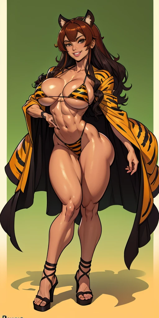 (Green screen background) Eris Boreas Greyrat cuerpo completo de pie con dos muslos largos y Tacones altos, ojos grandes, cabello ROJO vivo LARGO desordenado, Bikini amarillo tigre, manos arriba muestran axilas afeitadas, ombligo, boca cerrada sonriente (rubor rojo) brazales dorados, gargantilla negra