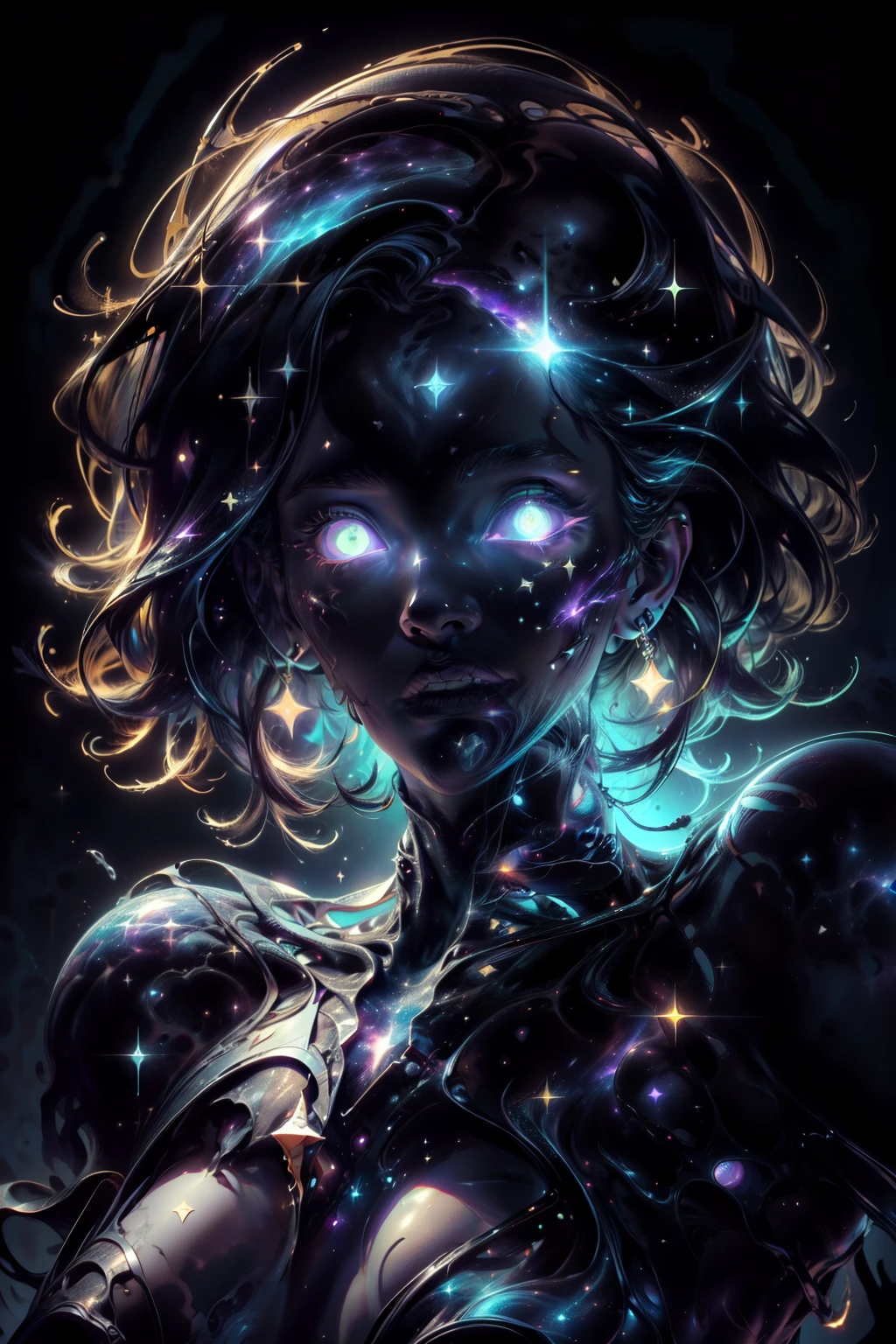 ((This is a dark masterpiece with deep shadows.)) Generate a sexy female dark divine being with ((pure black galaxy skin)). Her face is onyx black but still detailed and stunning. (Her face is important and has realistic shading and puffy lips). Her (opaque) eyes are luminous and shimmering in hues of purples and blues. (Her torso is important). This image is compelling with dynamic composition and energetic posing. Include many fantasy details such as bumps, phantasmal iridescence, glitter, galaxy, cosmos, ((dark celestialskin body, void cosmic body)), (((dark background))), (((lights off))), (((hollywood dark))), horror, dramatic shadows, (in a dark fantasy space:1.3, glitter, sparkle, gleam), female torso
