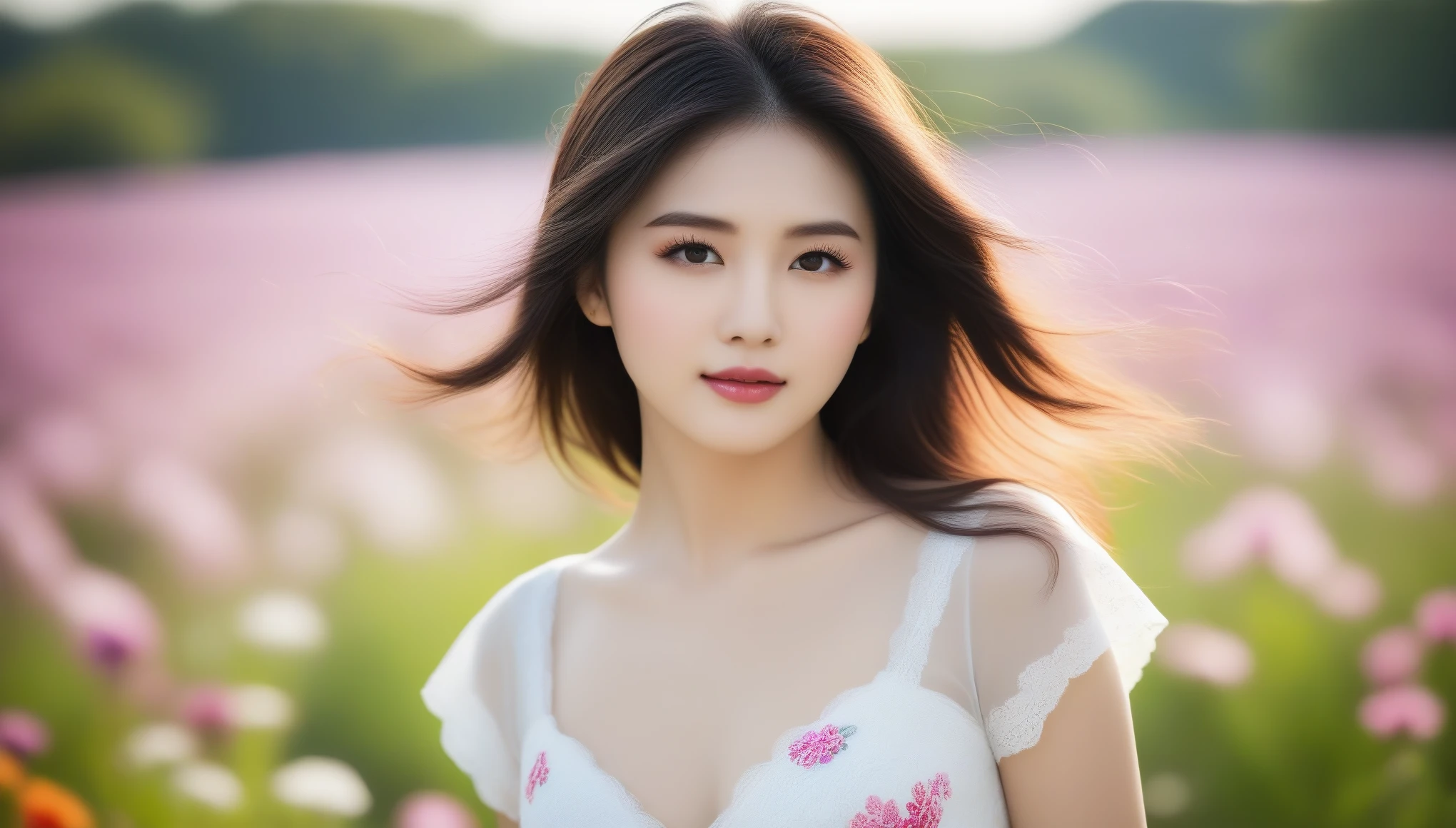 8k, 超High resolution, highest quality, masterpiece, 超Realisticな, photograph, 女の子1 person, (40 years old:1.3), pretty girl, Cute face, Beautiful eyes in every detail, 細かくdetailedに, Dark brown hair、Light brown eyes、The Face of Japan、 Lady、私は40 years oldくらいです.....1 person、(複雑なdetailed:1.2)、 (超High resolution:1.2)、超High resolution、(Finely tuned)、8k resolution、Long Hair、masterpiece，highest quality、(highest quality,4K,8k,High resolution,masterpiece:1.2),非常にdetailed,(Realistic,photoRealistic,photo-Realistic:1.37),ファッションphotograph,, Beautiful details, Deep sorrow、Beautiful lip detail, Long eyelashes, Stylish makeup, Vibrant, Gorgeous Model, striking a confident pose, Sensual expression, 現代のphotograph技術, Light and shadowの印象的なコントラスト, Soft and natural lighting, White skin, , Add a splash of color to your lips, Dramatic background in vibrant colors, artwork, Mysterious atmosphere, The whisper of the wind blowing through her hair, Graceful and elegant posture, Bokeh effect, (((Floral flowing short dress))), Exquisite accessories, Bold and creative fashion choices, Windmill in the background、Standing in a field surrounded by colorful flowers, (((spring))), sunset,Sexy pose、See through 、Looking at the audience、beauty,Long neck、Laugh a little、Please close your mouth and laugh、(((Ideal body type))),A-cup small breasts :2,Portraiture:2、Perfect Anatomy、鮮明なdetailed、detailed、超Realisticな、Light and shadow,Strong light,Fashion magazine front