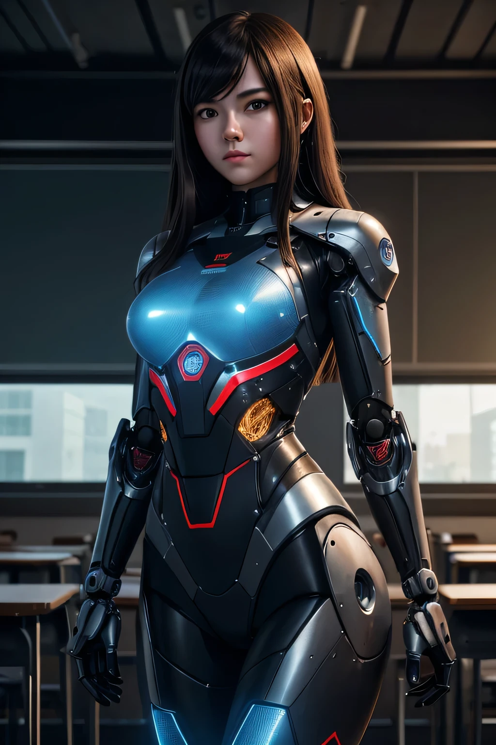 A high school girl is transformed into a spy robot　Mechanical body　exposed machinery　The background is a classroom at night., UHD, retina, masterpiece, ccurate, anatomically correct, textured skin, super detail, high details, high quality, award winning, best quality, highres