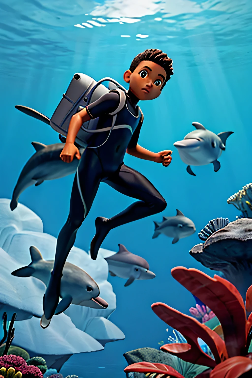 A boy, black, diver, in the deep ocean, with a dolphin swimming.
