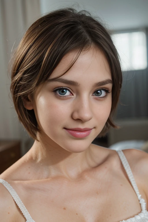 RAW UHD format、Photo of a 16 year old blonde (blue eyesをした美しい少女), Healthy and beautiful girl、drooping eyes、blue eyes、Very absurd、Highly detailed shiny eyes, (Looking at the camera), Digital single-lens reflex camera, Shooting with Leica、super high quality, Sharpness, Shallow depth of field, Crystal Clear, Pretty face, The background is blurred, (dim), Low Key, Detailed pores , Exquisite eye detail、((short hair))、((No makeup))、((Beautiful Face))、High school girls、So ridiculous、(Cute Smile)、(((Close-up of face)))
