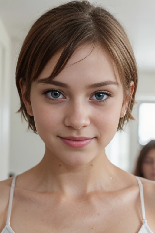 RAW UHD format、Photo of a blonde (blue eyesをした美しい少女), Healthy and beautiful girl、drooping eyes、blue eyes、Very absurd、Highly detailed shiny eyes, (Looking at the camera), Digital single-lens reflex camera, Shooting with Leica、super high quality, Sharpness, Shallow depth of field, Crystal Clear, Pretty face, The background is blurred, (dim), Low Key, Detailed pores , Exquisite eye detail、((short hair))、((No makeup))、((Beautiful Face))、High school girls、So ridiculous、(Cute Smile)、(((Close-up of face)))