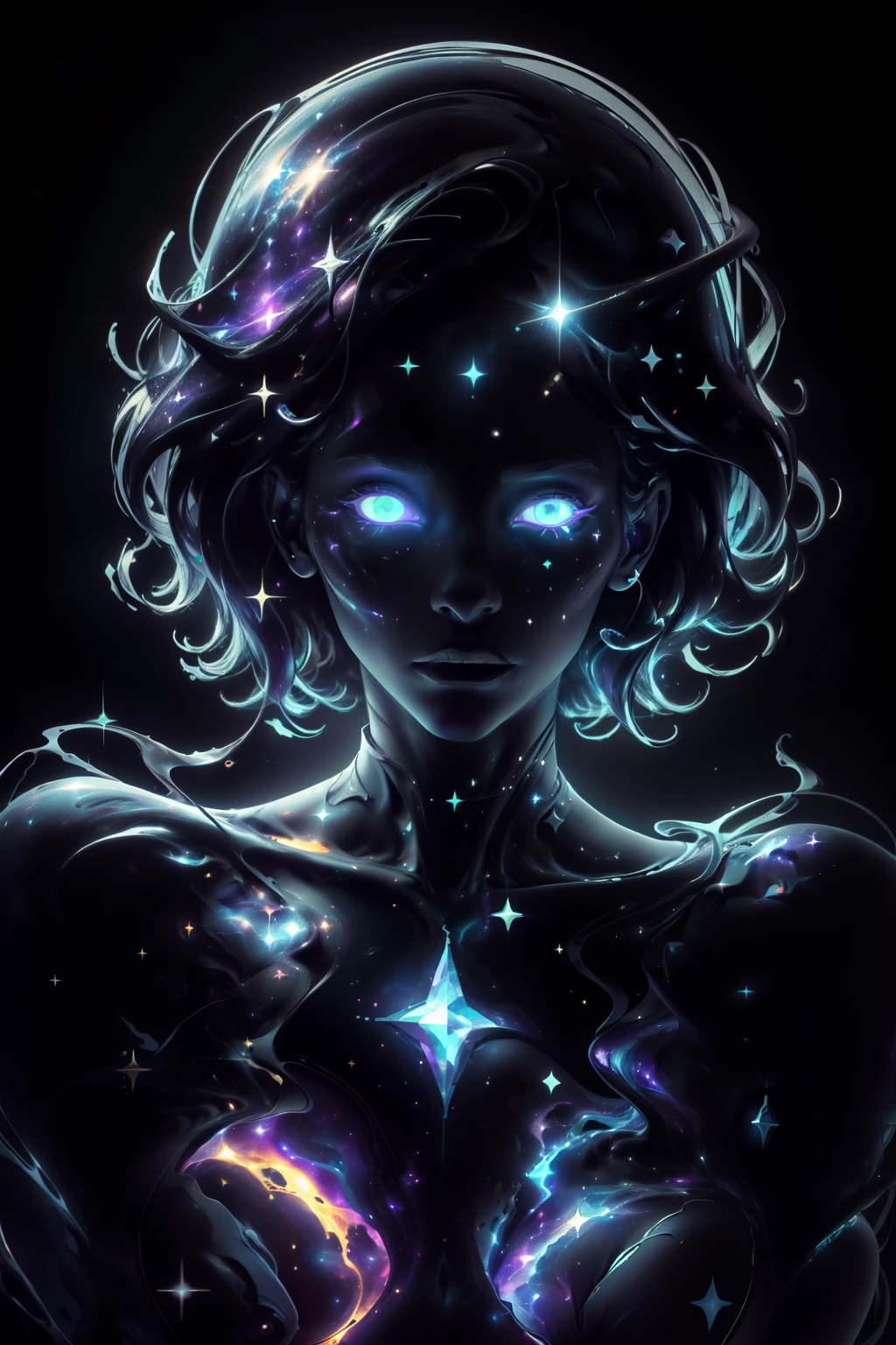 ((This is a dark masterpiece with deep shadows.)) Generate a female dark divine being with ((pure black galaxy skin)). Her face is onyx black but still detailed and stunning. (Her face is important and has realistic shading and puffy lips). Her (opaque) eyes are luminous and shimmering in hues of purples and blues. (Her torso is important). This image is compelling with dynamic composition and energetic posing. Include many fantasy details such as bumps, phantasmal iridescence, glitter, galaxy, cosmos, ((dark celestialskin body, void cosmic body)), (((dark background))), (((lights off))), (((hollywood dark))), horror, dramatic shadows, (in a dark fantasy space:1.3, glitter, sparkle, gleam), female torso