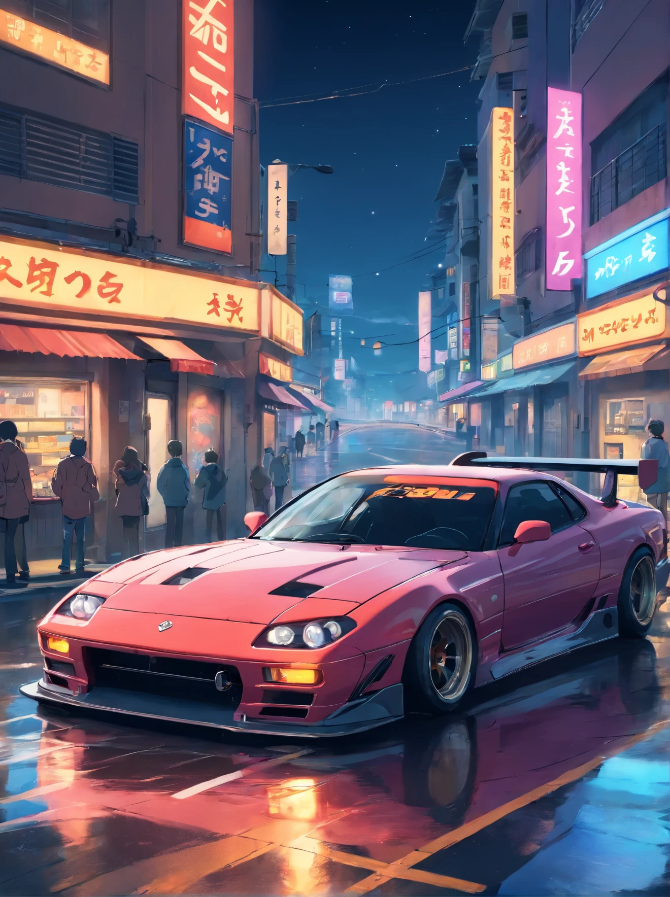 (STANCE), masterpiece,best quality,official art,extremely detailed CG unity 8k wallpaper,illustration, light,car, bright, sports car, vehicle focus, road, ((need for speed)),((NFS)), moving, wet, (((night, midnight))),neon lights,drift,  (MARKII)