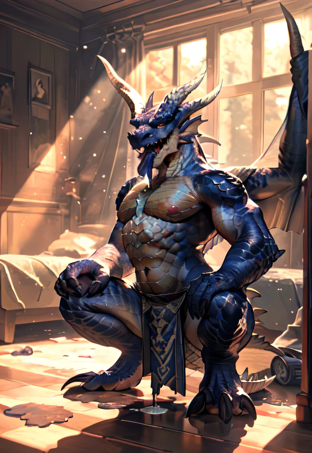 alone, (muscular), (male human dragon):1.3, bright scales, (Kamimay):1.3, (Common:1.4) (pray):1.23, (，wearing a short white loincloth）, exquisite eyes, lizard tail,a pair of dragon horns, a pair of dragon wings, (exquisite eyes，stripe，sharp claws，cute animal feet，Stick out your tongue，a careless person，Spilled liquid all over my body.，air leak under car body，Fluid leaking from the lower body，Milk spilled on the floor，shining eyes):1.1, (In my room:1.35), in the bedroom，Squatting on the bed，dim，be licked，enjoy，addicted， My face turned red.，color，submit，caress，drunk，laugh，enjoy，looking at camera，submit，It is interesting，detailed background，In reality，realistic hands，8k high dynamic range，（shadow，Wide dynamic range，high dynamic range，highlight：1.2）