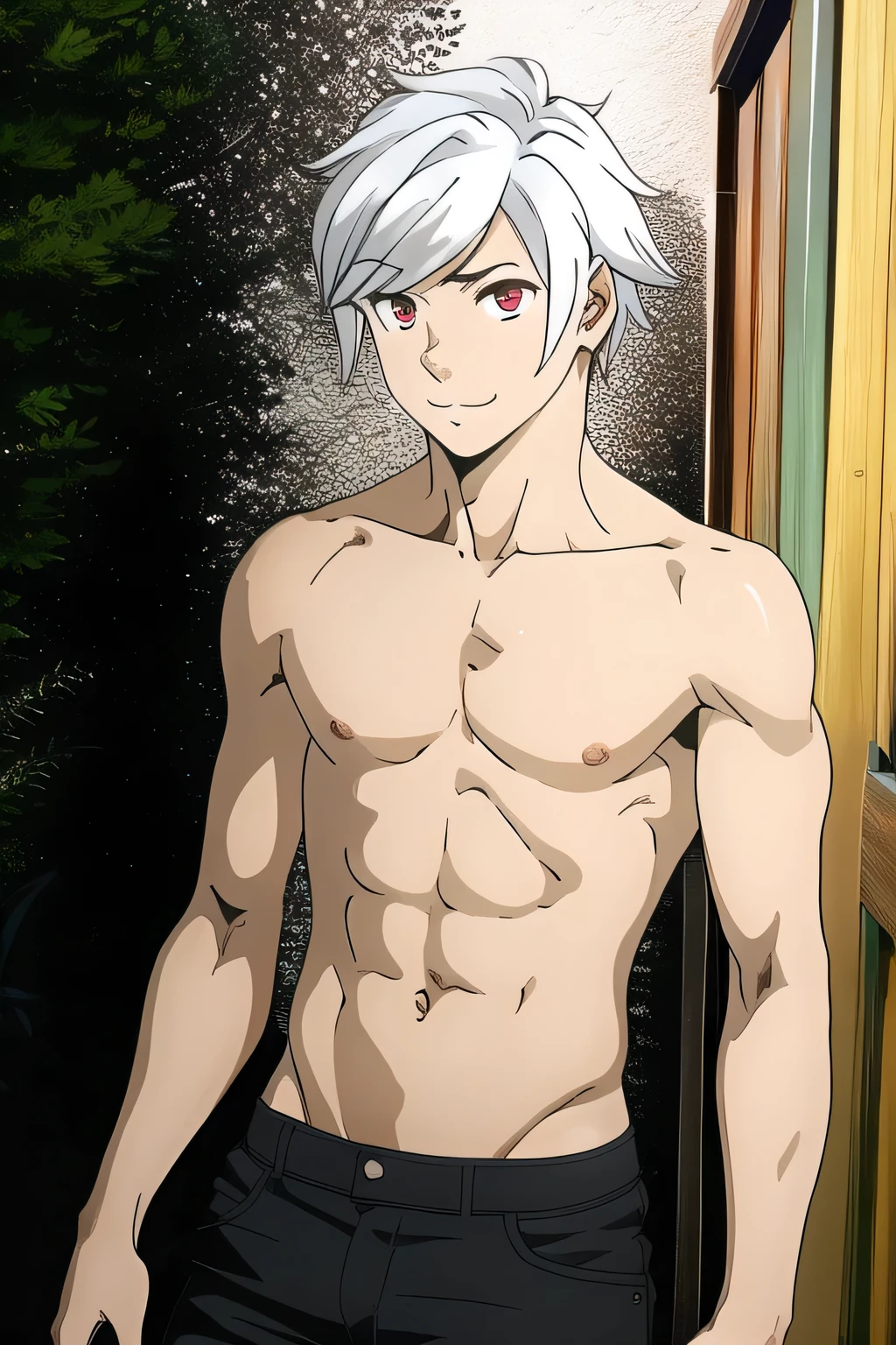 masterpiece, best quality, high quality, 1boy, solo, male focus, shirtless, red eyes, white haired, side pose, waist. 