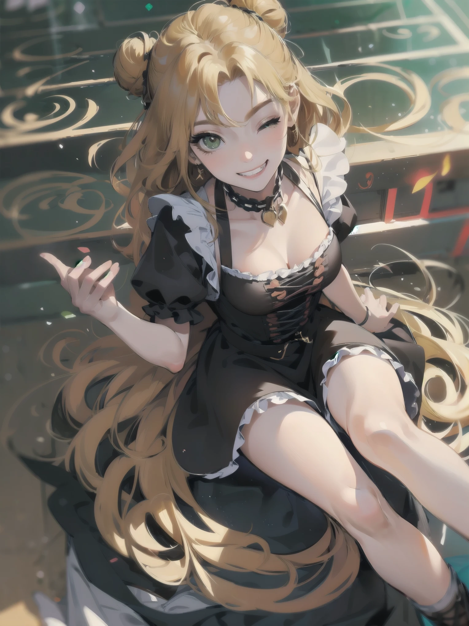 Masterpiece, Top Quality, One Girl, Solo, (Masterpiece: 1.2), (Top Quality: 1.2), Perfect eyes, perfect face, perfect lighting, sunlight, outdoors, marquis mansion, one girl, blonde hair, yellow-green eyes, one eye closed, (((wavy hair))), bun head, medium hair, ((gothic maid)), Cute eyes, closed mouth, ((from above)), ((front)), ((open legs)), ((grin)), cute pose.