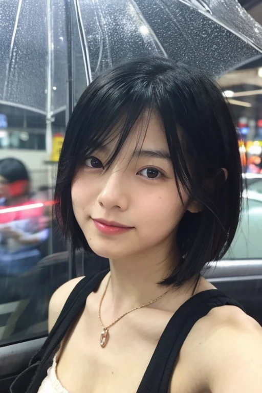 Japanese woman, 20s, short black hair, selfie, sexy, commuting, in the rain