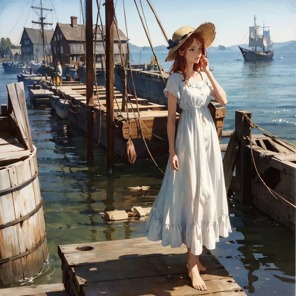 a beautiful slender thin girl with a perfect face of the southern type with red hair in a 19th century dress in a hat with a book standing barefoot (near a large old wooden ((Ship))), summer, A warm sunny day, in a gentle watercolor style, Discreet shades, sfumato, haze, diffused dim light, delicate mint and blue shades, imitation of film photography, olive and grape shades, Brick Road, Brick house, coffee, High image quality, Maximum detail, big space eyes