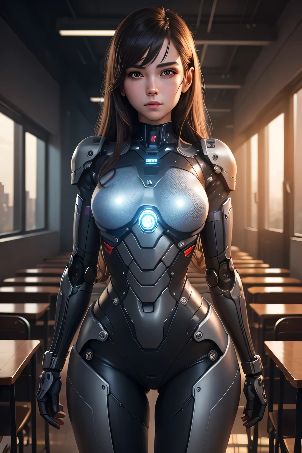 A high school girl is transformed into a spy robot Mechanical body exposed machinery The background is a classroom at night., UHD, retina, masterpiece, ccurate, anatomically correct, textured skin, super detail, high details, high quality, award winning, best quality, highres