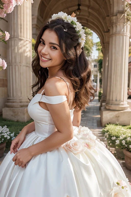 Create beautiful female with white teeth, thick hair, nice curve, in flowing flower ball gown