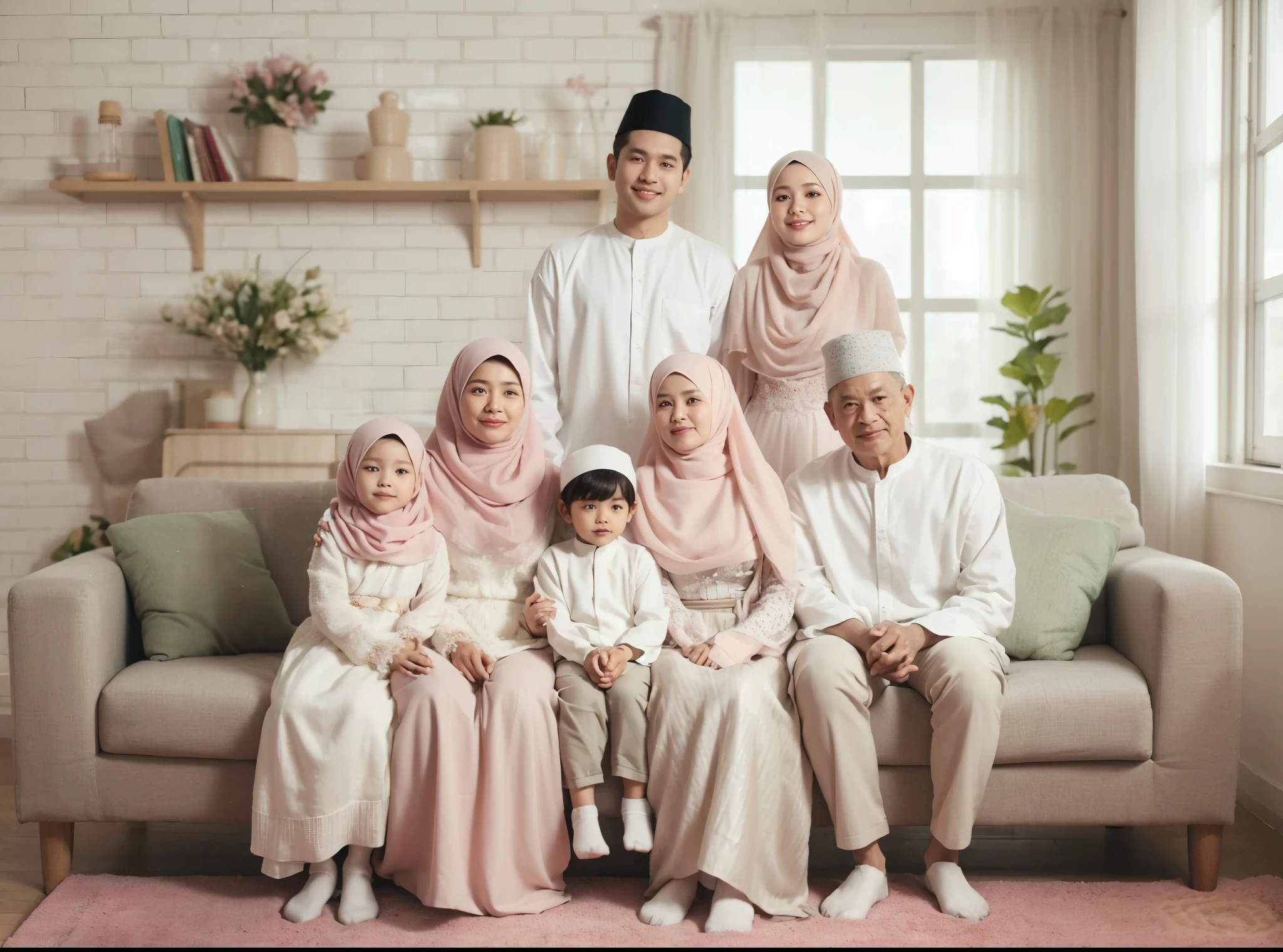 Family photo from Indonesia, seven members, one 70-year-old grandmother sitting on the sofa with one 7-year-old daughter and one 3-year-old son, two men and two women standing behind the sofa, all wearing coordinated white Muslim attire and matching sharia long dresses (soft pink hijab), realistic photo, ultra HD, simple living room background, green flower vase decoration, daylight, UHD, 32k, detailed.