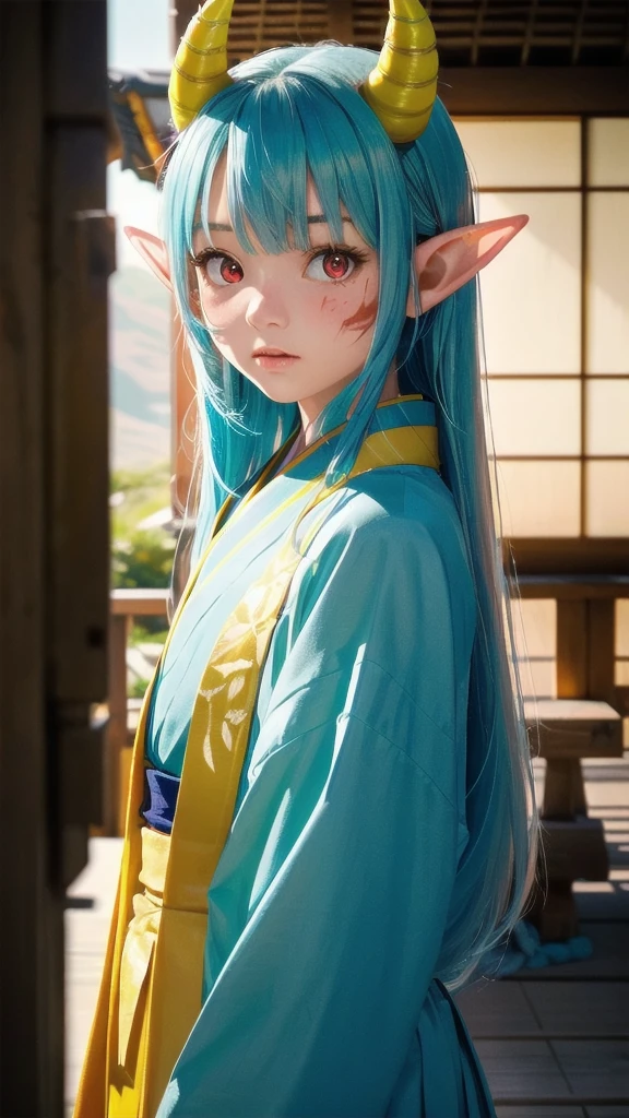 RAW, professional photograph, movie photograph, medium shot, Female elf, (((little yellow horns))), twenty years old, night, athletic body, soft facial features, long hair, straight hair, (((pacific cyan hair))), (((red eyes faded to yellow))), japanese female uniform, traditional japanese village, Realism, hyperrealism, ray tracing, high details, super detail, UHD, 8k