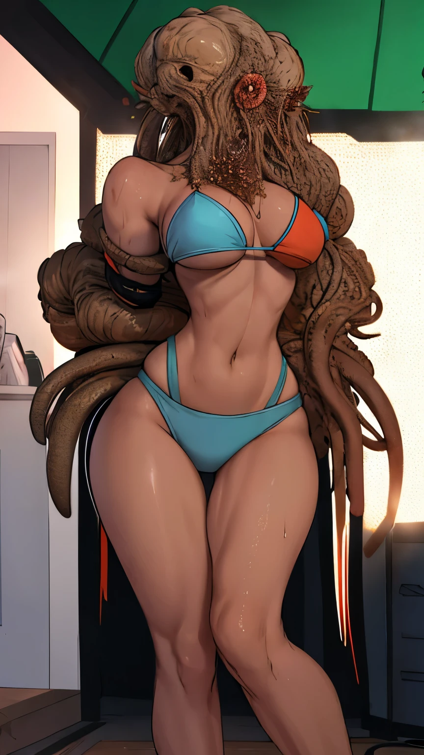 Sexy  dancing at the club. Tentacles. Parasite. Weak knees. Bikini. Suffering. Twitching body. Possession. Soaked skin. Tanned skin