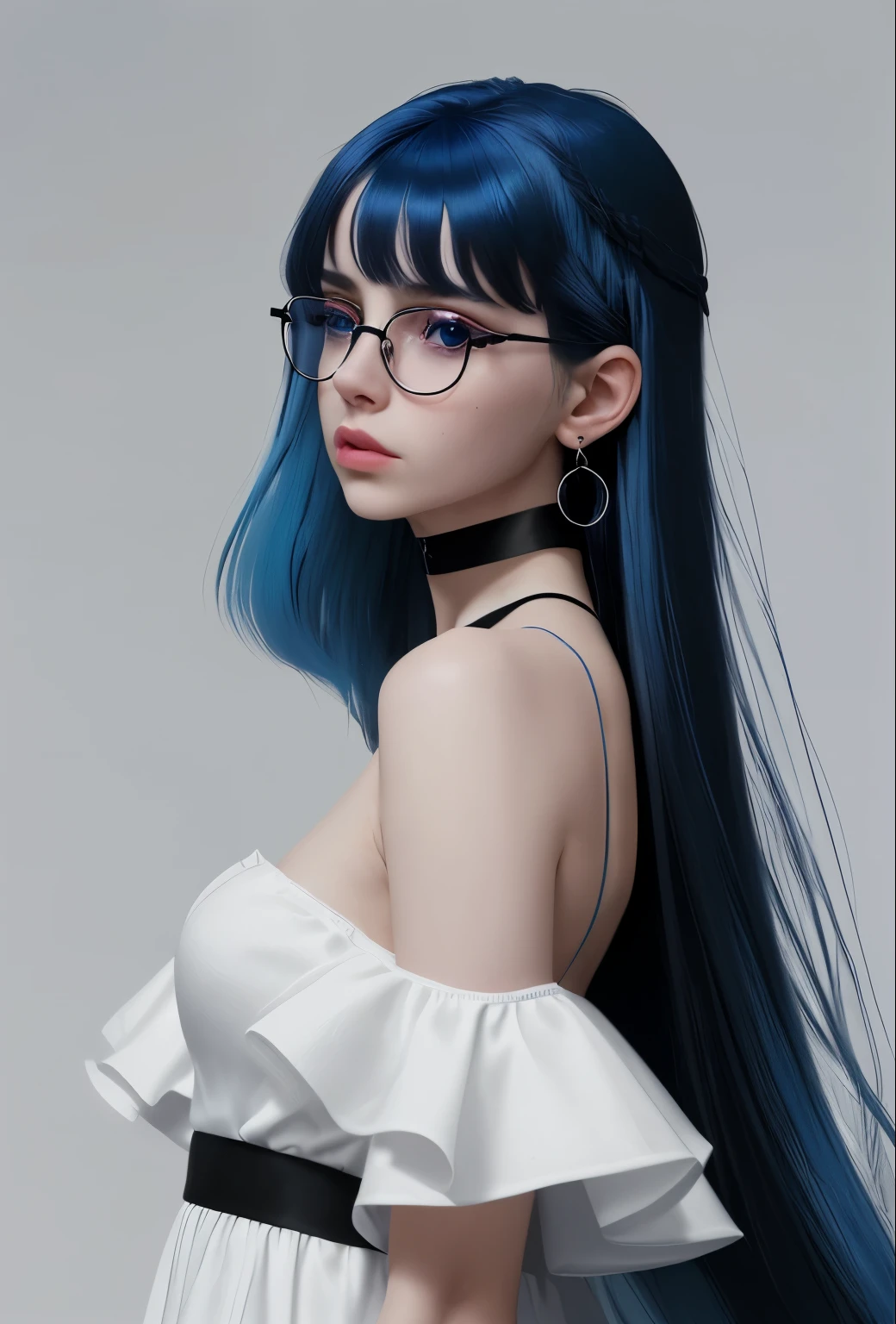 8k wallpaper, masterpiece, movie lighting, best quality, illustration, dramatic angle, ((color: 1.1)), ((color inner hair: 1.4)), 1girl, solo, long hair, water, blue eyes, black glasses, choker, parted lips, white choker, liquid hair, black hair, bangs, from side, side, upper body, simple background, gray background, bare shoulders, portrait, looking at the audience, white dress, hair between eyes, white background, earrings,