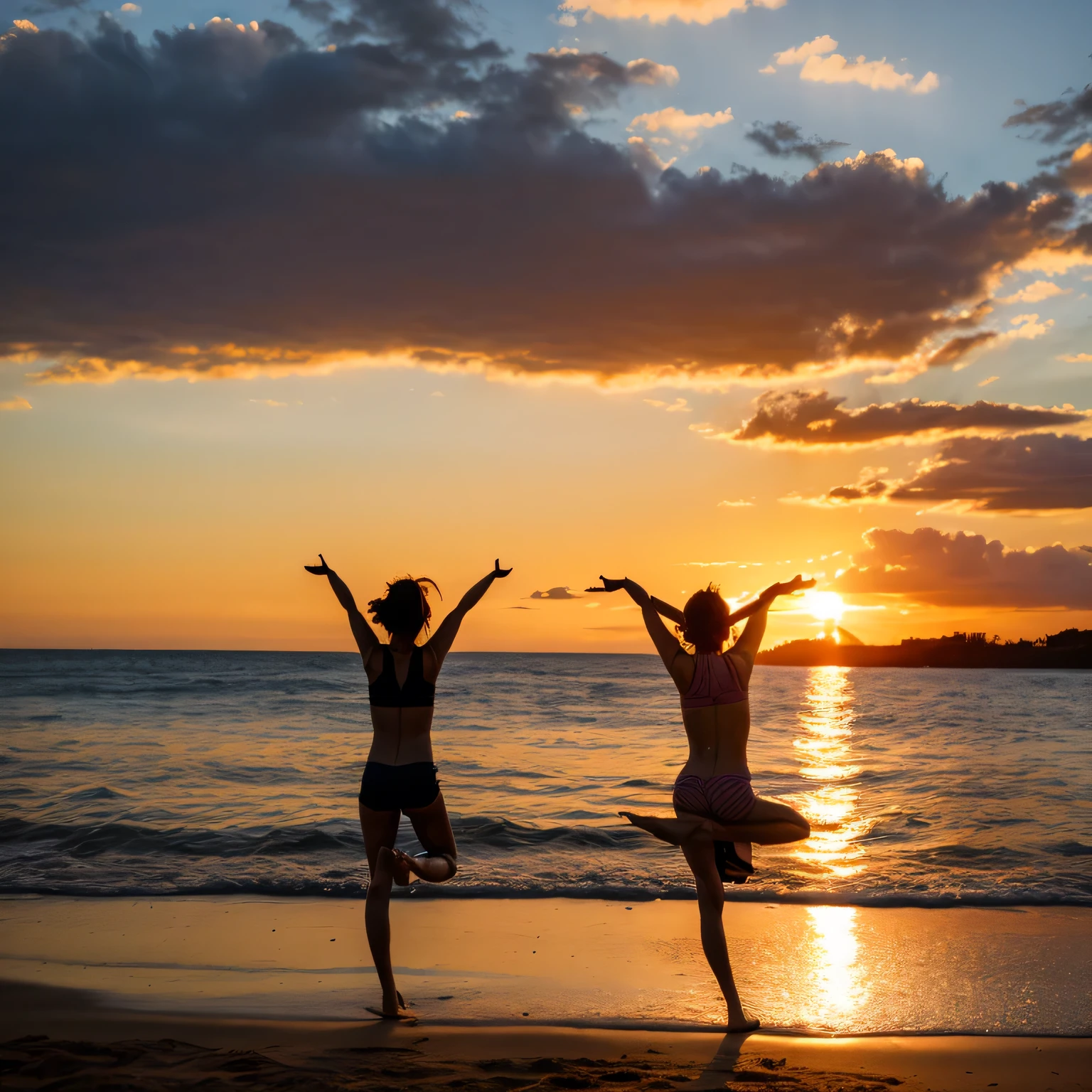 Close-up、Identical twin sisters、
「Sunset Yoga」

explanation: sundown、Sisters doing yoga poses on the beach。Their silhouettes stand out against the beautiful sunset.。