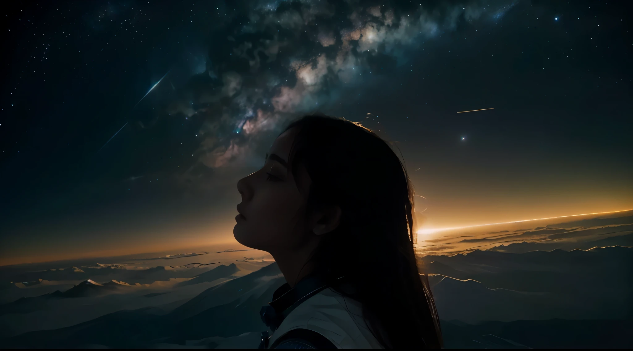Arabian style view of a woman looking up at the sky with stars shining in the sky, 少女はGazing into space, girl in space, Gazing into space, Gazing into space, Dreamy atmosphere 8k, Lost in the vast universe, Gazing at the sky, Looking into the distance, Powerful woman sitting in space, On a galaxy-like background