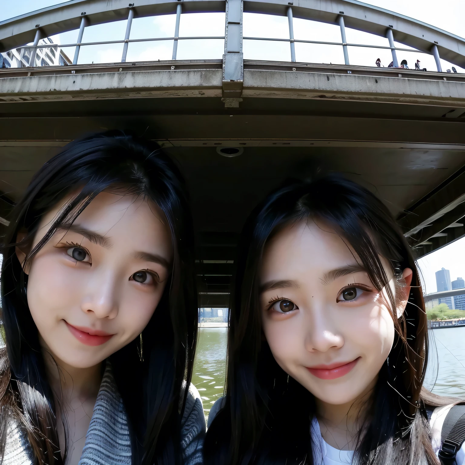 Close-up、 Identical twin sisters、
Support each other: On the Bridge、One side is sunken against the backdrop of the city&#39;s nightscape.、The other person gently supports。