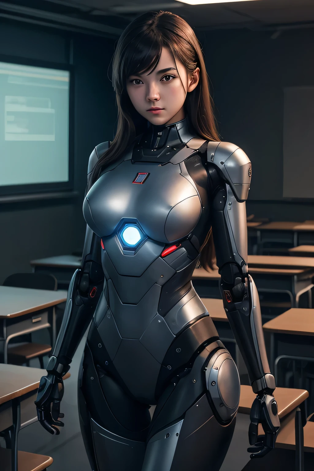 A high school girl is transformed into a spy robot Mechanical body exposed machinery The background is a classroom at night., UHD, retina, masterpiece, ccurate, anatomically correct, textured skin, super detail, high details, high quality, award winning, best quality, highres