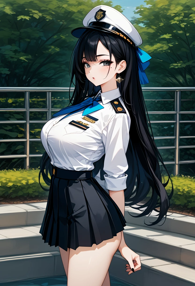 1 Beautiful woman, black hair, black eyeliner, attractive mole, Attractive slim body, big breasts, slim waist, big ass, Cosplay,  uniform, short pleated skirt, 